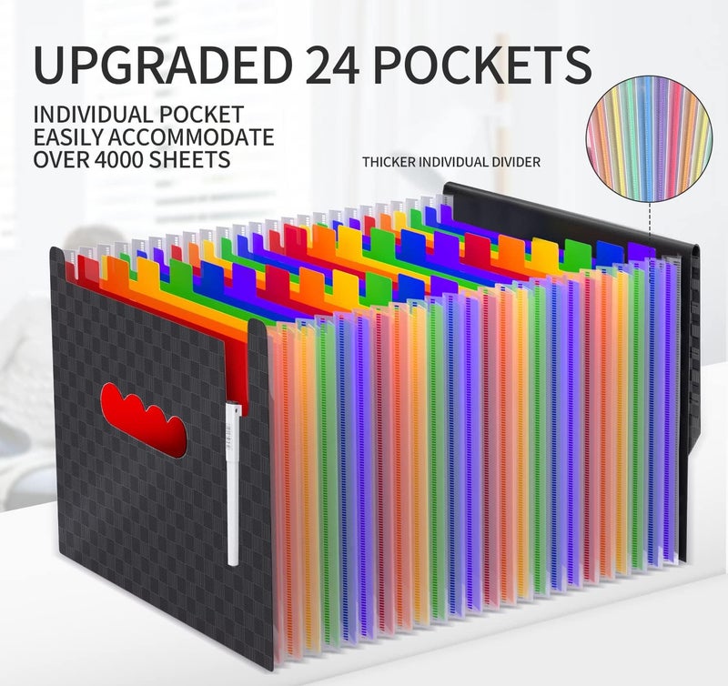 TCJ 24 Pockets Expanding File Folder,Accordion File Organizer,Document Organizer Letter Size,Expandable Filing Box,Special Designed for Portable Use,Accordian Folders Plastic (Grid Rainbow) - Image 2
